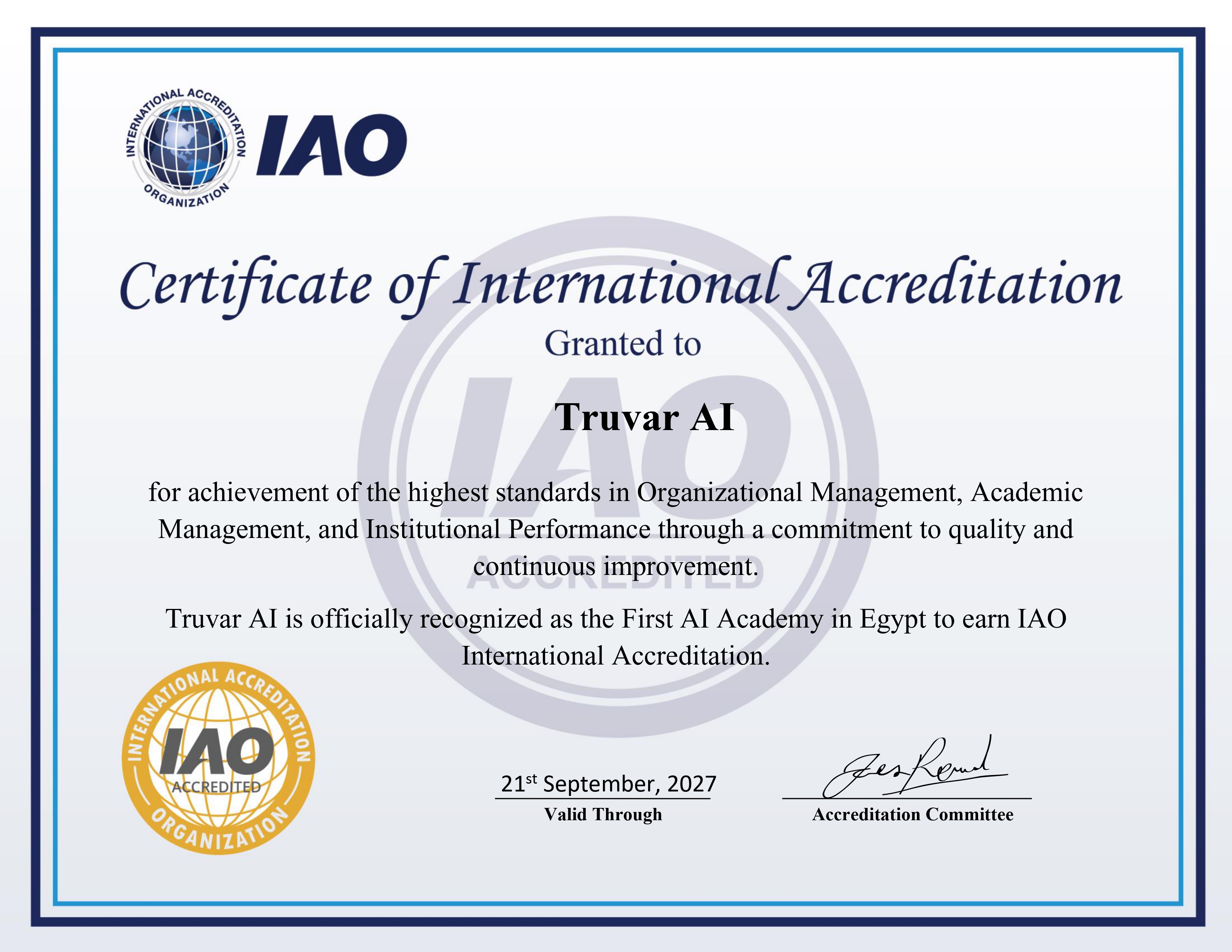 IAO Certificate of International Accreditation granted to Truvar AI — officially recognized as the First AI Academy in Egypt to earn IAO International Accreditation